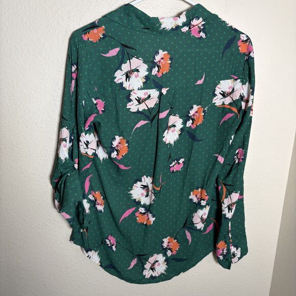 Express Blouse Women's Small Green Floral Polka Dot Proftofino Button Up Top - Picture 4 of 8